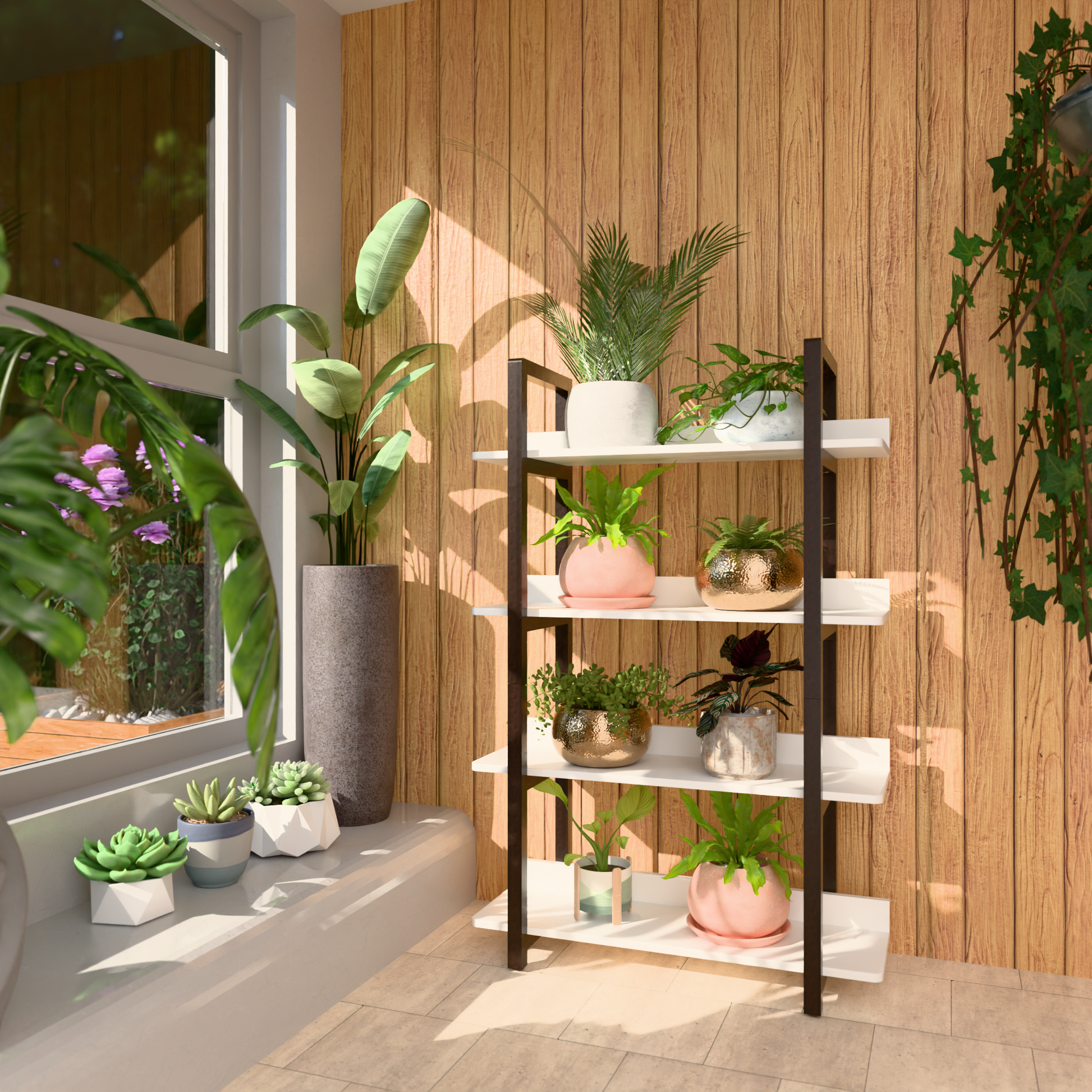 minimalist plant shelf