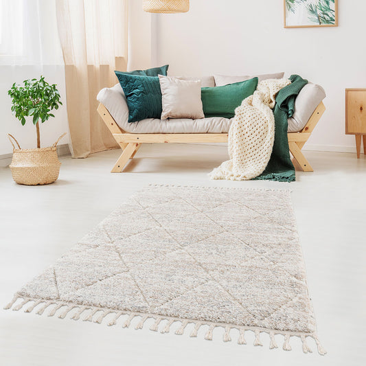 Talas Trellis Shag Rug – Cream with Tassels