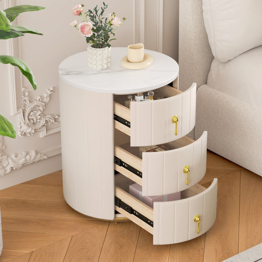 VeluNest Round Upholstered Nightstand – 3-Drawer Side Table