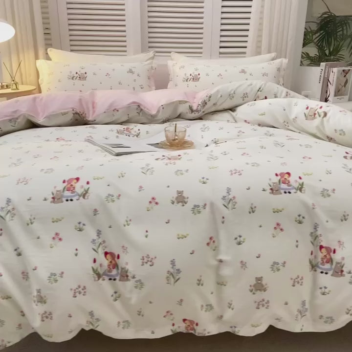 “BlossomMood” Pink Floral Cotton Bedding Set – TwinXL 3-Piece