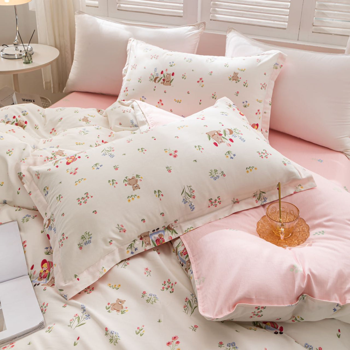 “BlossomMood” Pink Floral Cotton Bedding Set – TwinXL 3-Piece