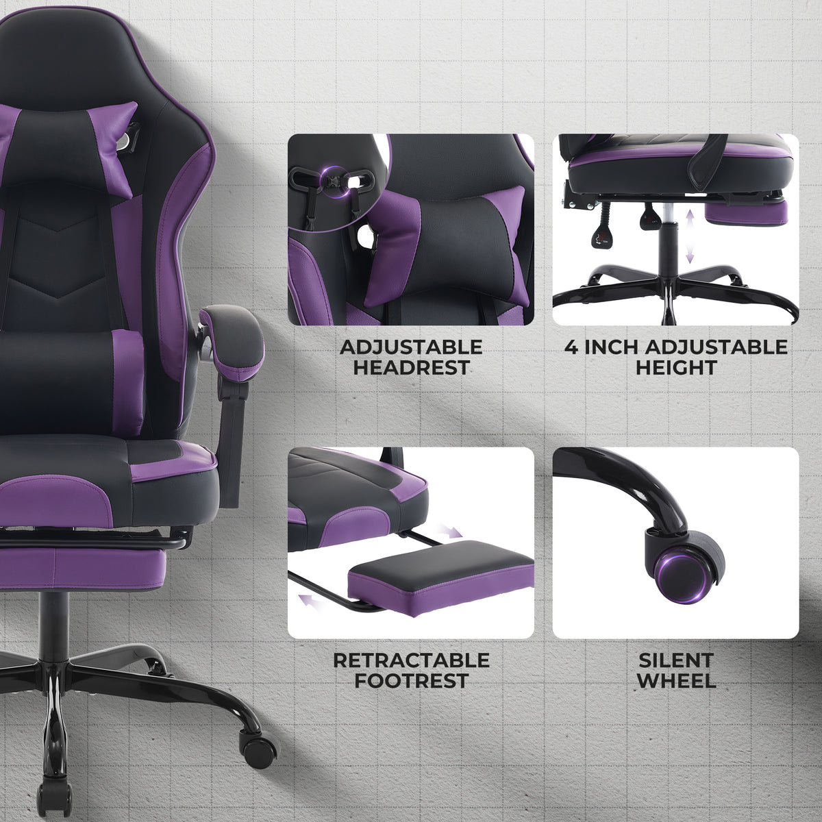 Arelva Pro Gaming Chair – 7 Colors, Footrest & 135° Recline