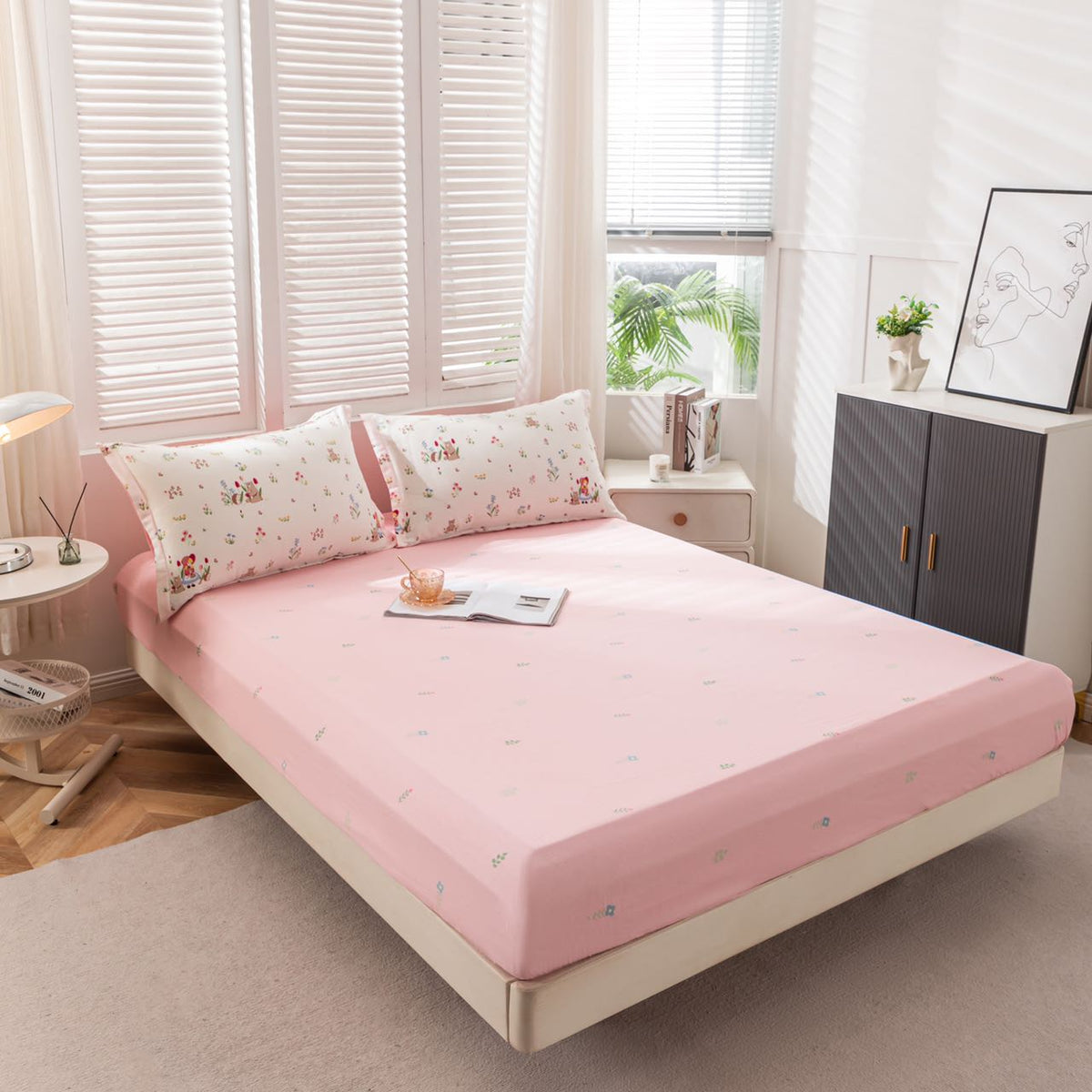 “BlossomMood” Pink Floral Cotton Bedding Set – TwinXL 3-Piece