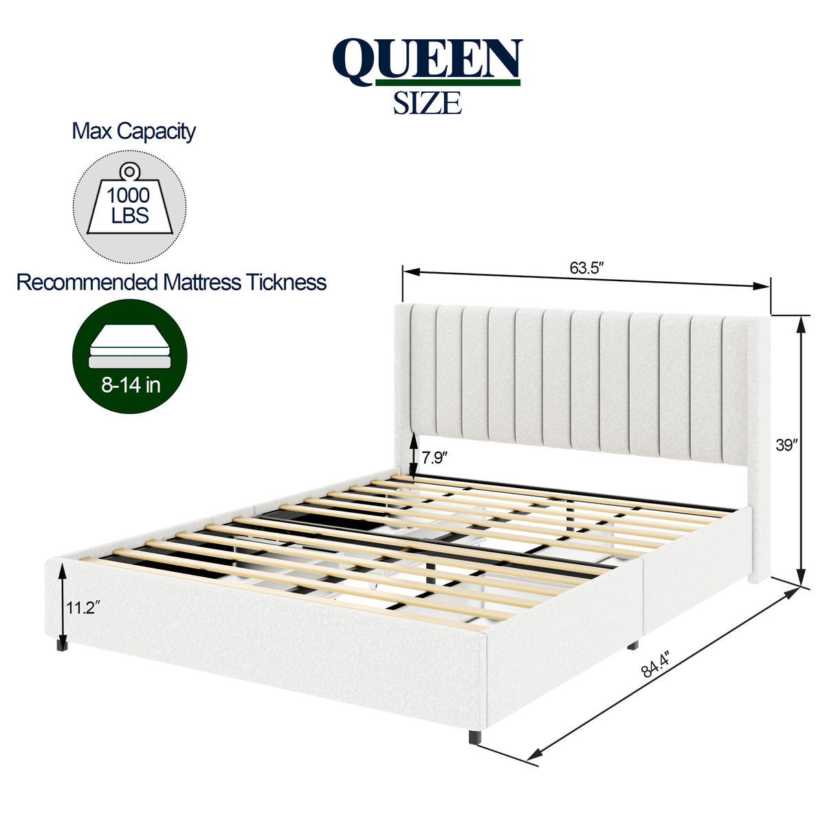 Velora Bouclé Storage Bed – Queen with 4 Drawers