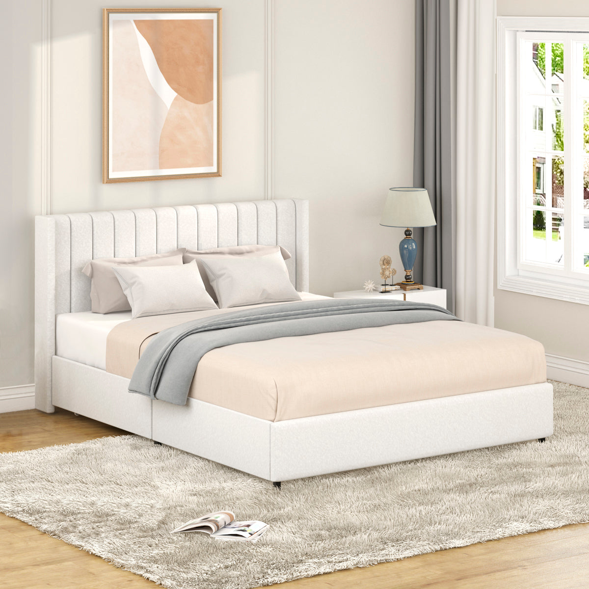 Velora Bouclé Storage Bed – Queen with 4 Drawers