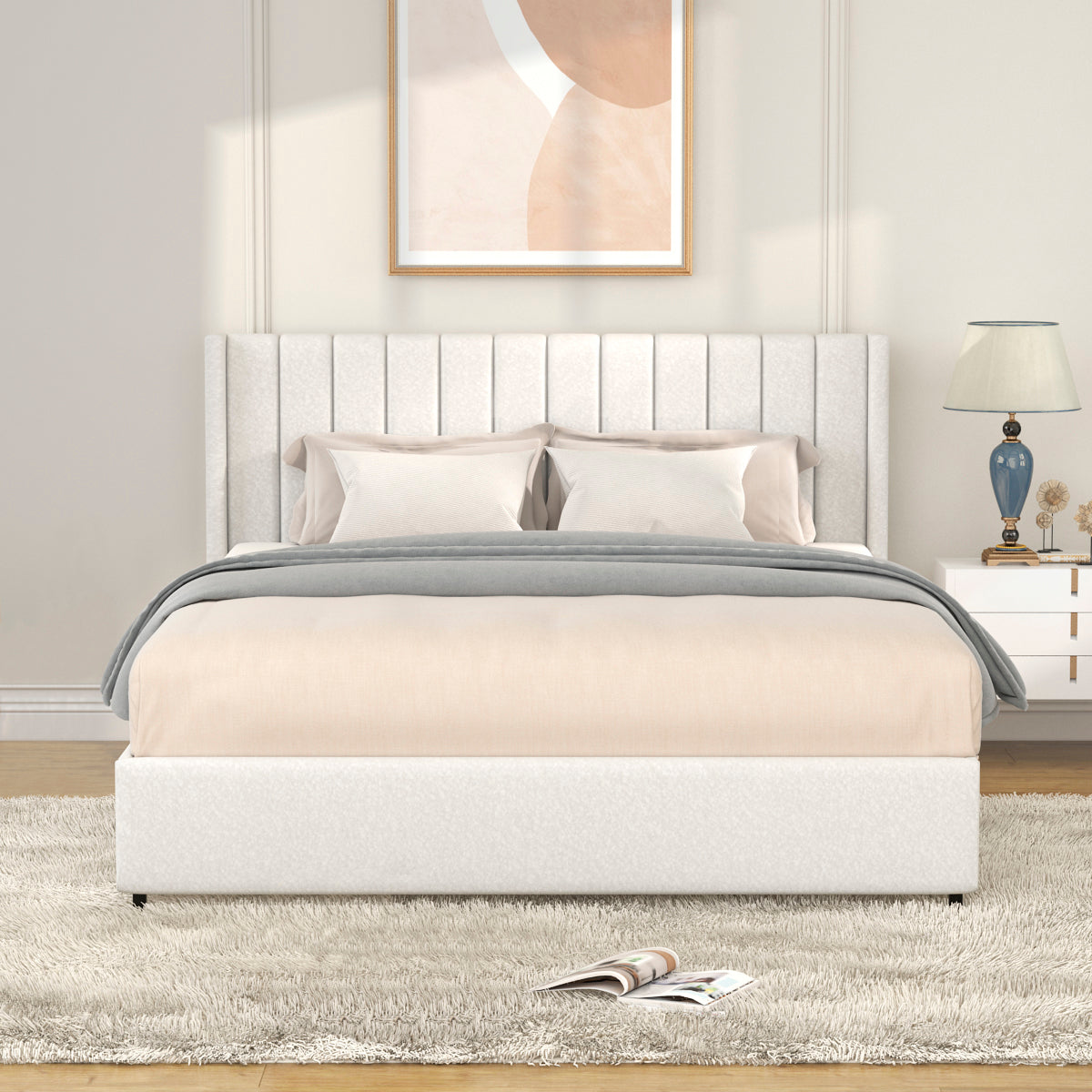Velora Bouclé Storage Bed – Queen with 4 Drawers
