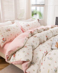 “BlossomMood” Pink Floral Cotton Bedding Set – TwinXL 3-Piece