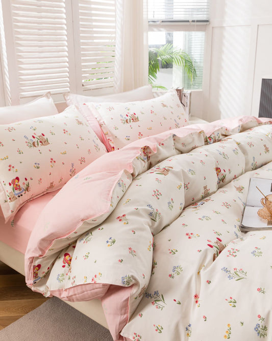 “BlossomMood” Pink Floral Cotton Bedding Set – TwinXL 3-Piece