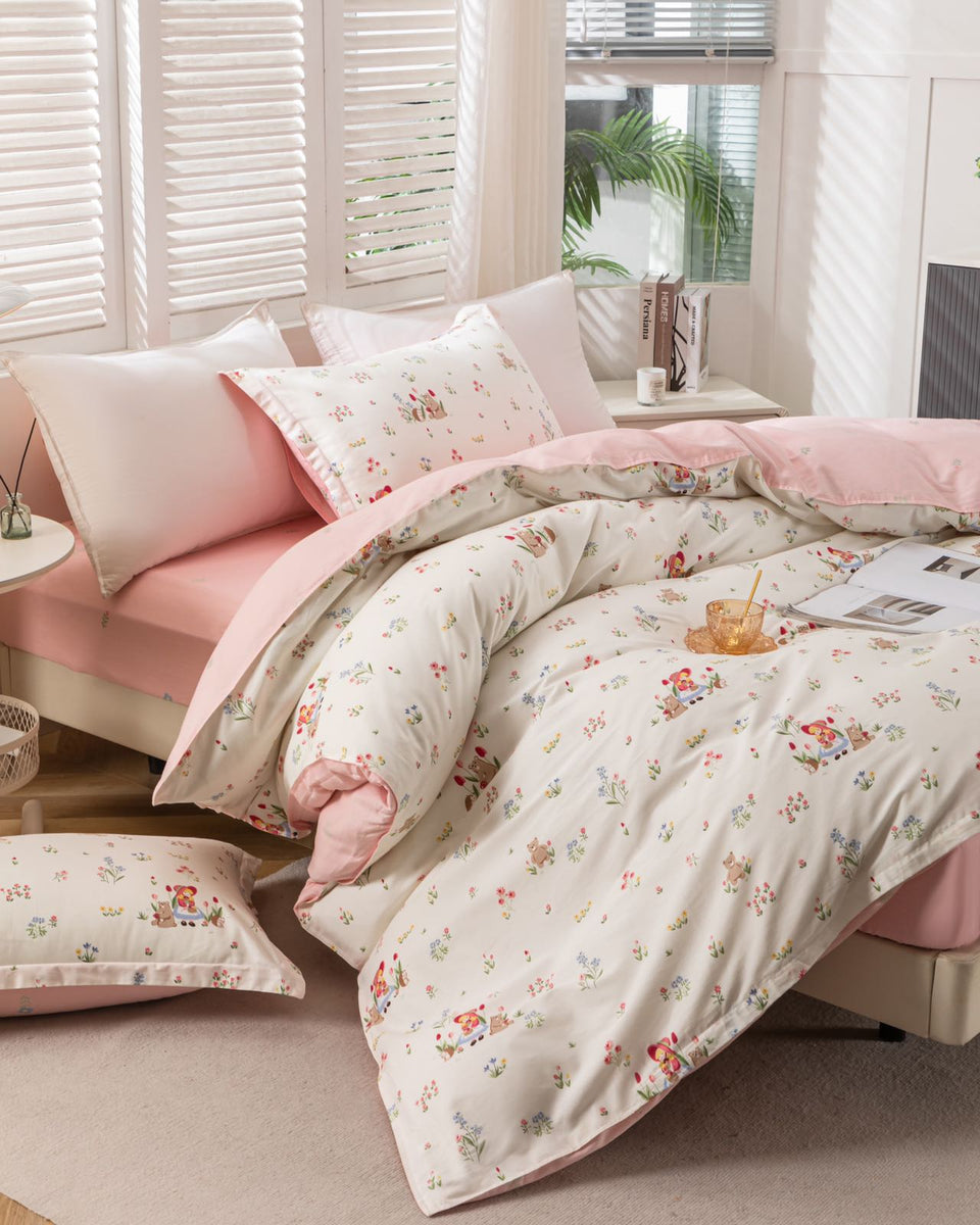 “BlossomMood” Pink Floral Cotton Bedding Set – TwinXL 3-Piece