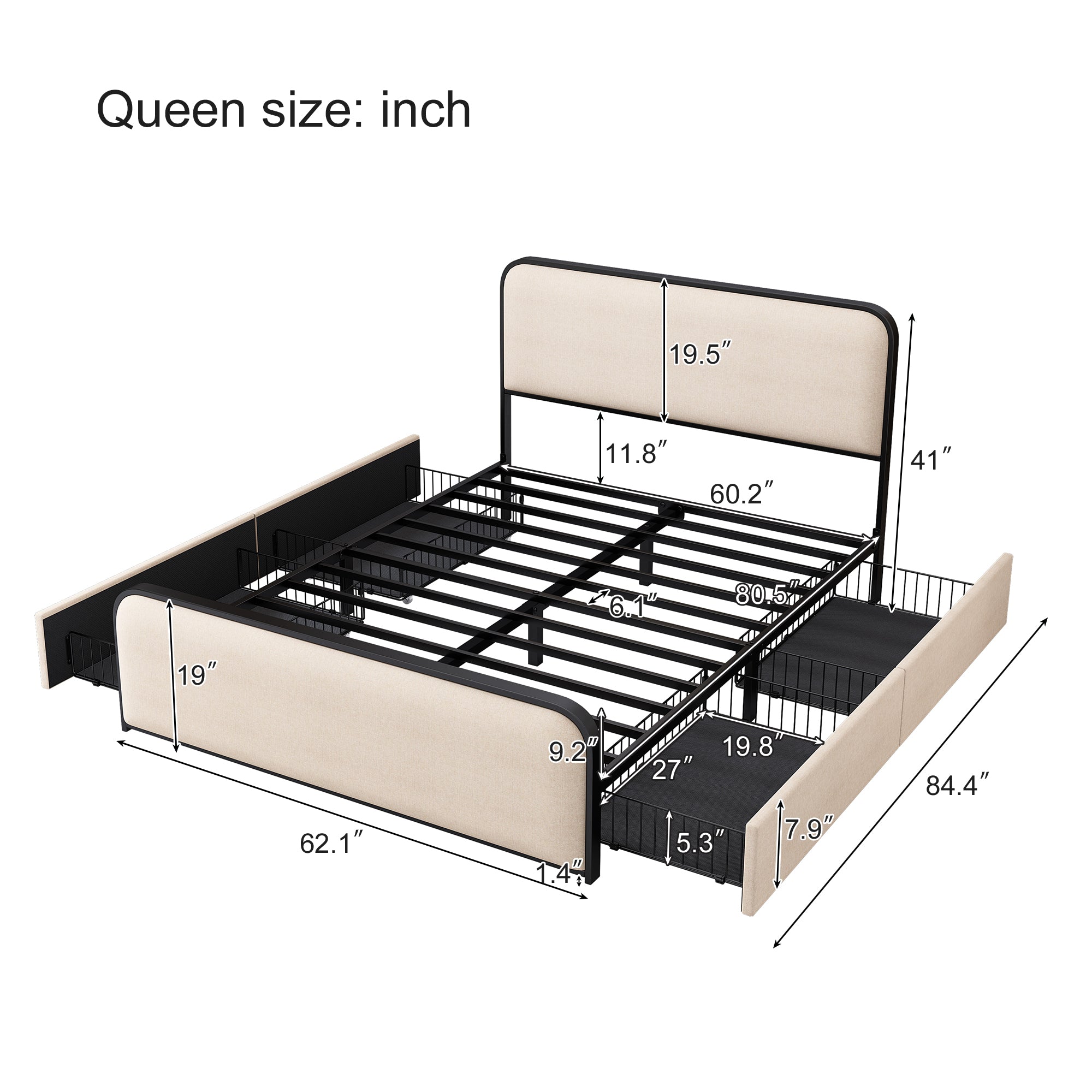 ArcNest Metal Bed Frame – Queen with 4 Storage Drawers
