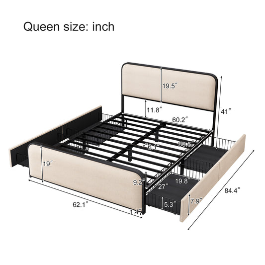 ArcNest Metal Bed Frame – Queen with 4 Storage Drawers