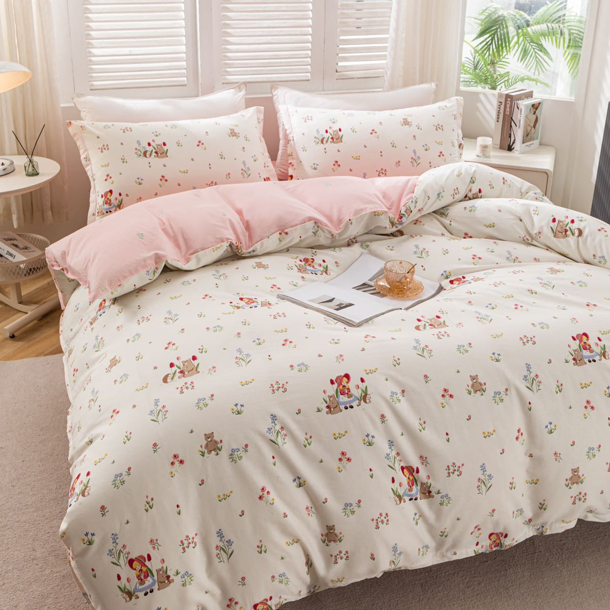 “BlossomMood” Pink Floral Cotton Bedding Set – TwinXL 3-Piece