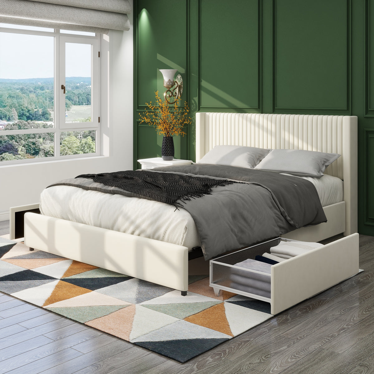 CloudNest Velvet Bed Frame – Queen with Dual Storage Drawers