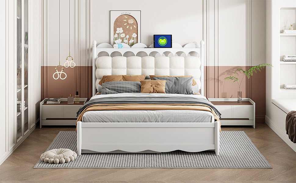 Queen Size Wooden Storage Platform Bed, with 2 Big Drawers, Twin-XL Size Trundle, One set of Sockets & USB Ports, White