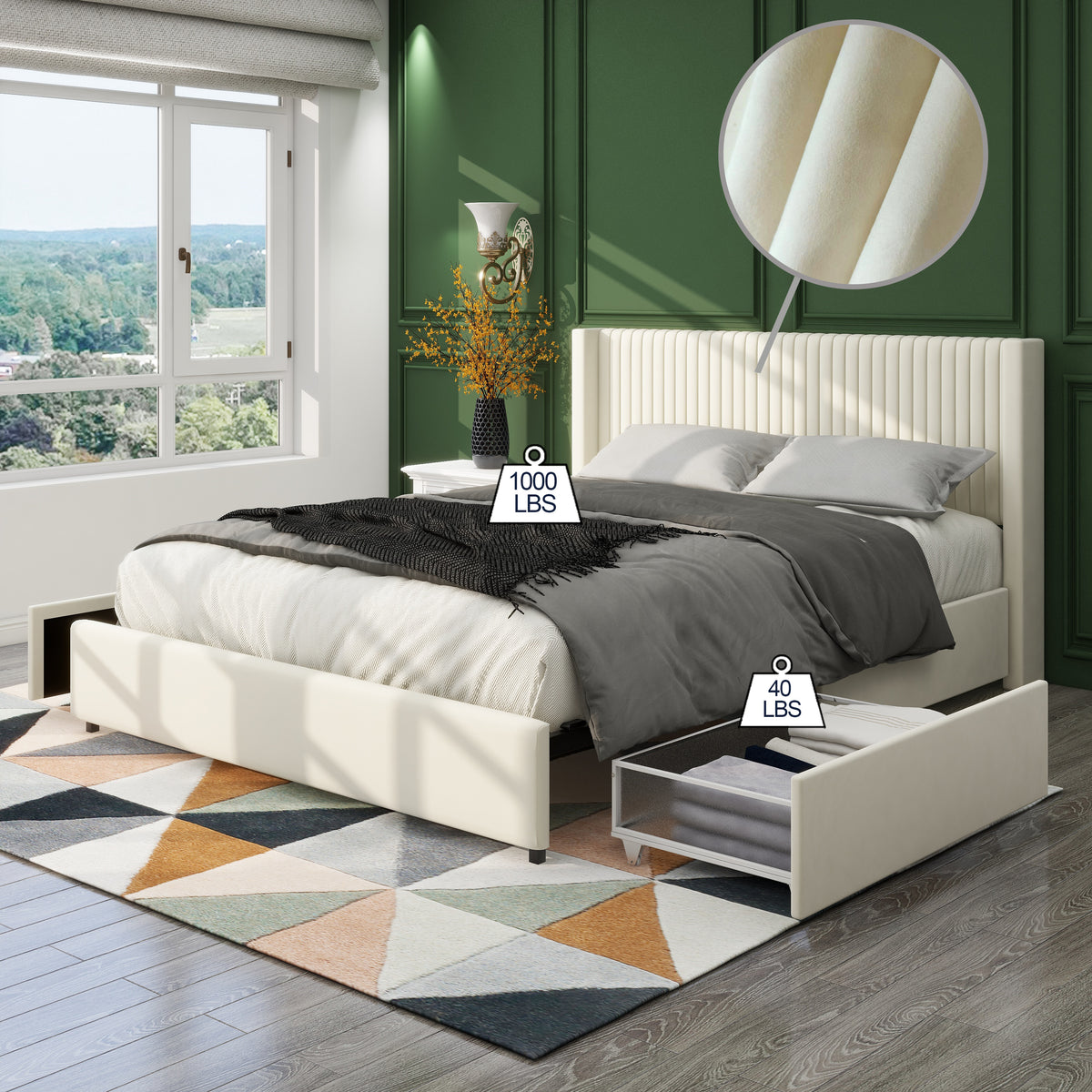 CloudNest Velvet Bed Frame – Queen with Dual Storage Drawers