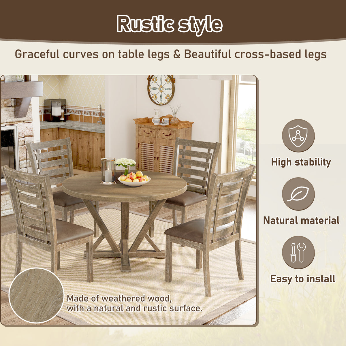 Woodnote Round Dining Set (5-Piece Rustic Edition)
