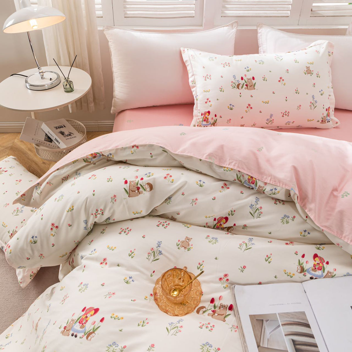 “BlossomMood” Pink Floral Cotton Bedding Set – TwinXL 3-Piece