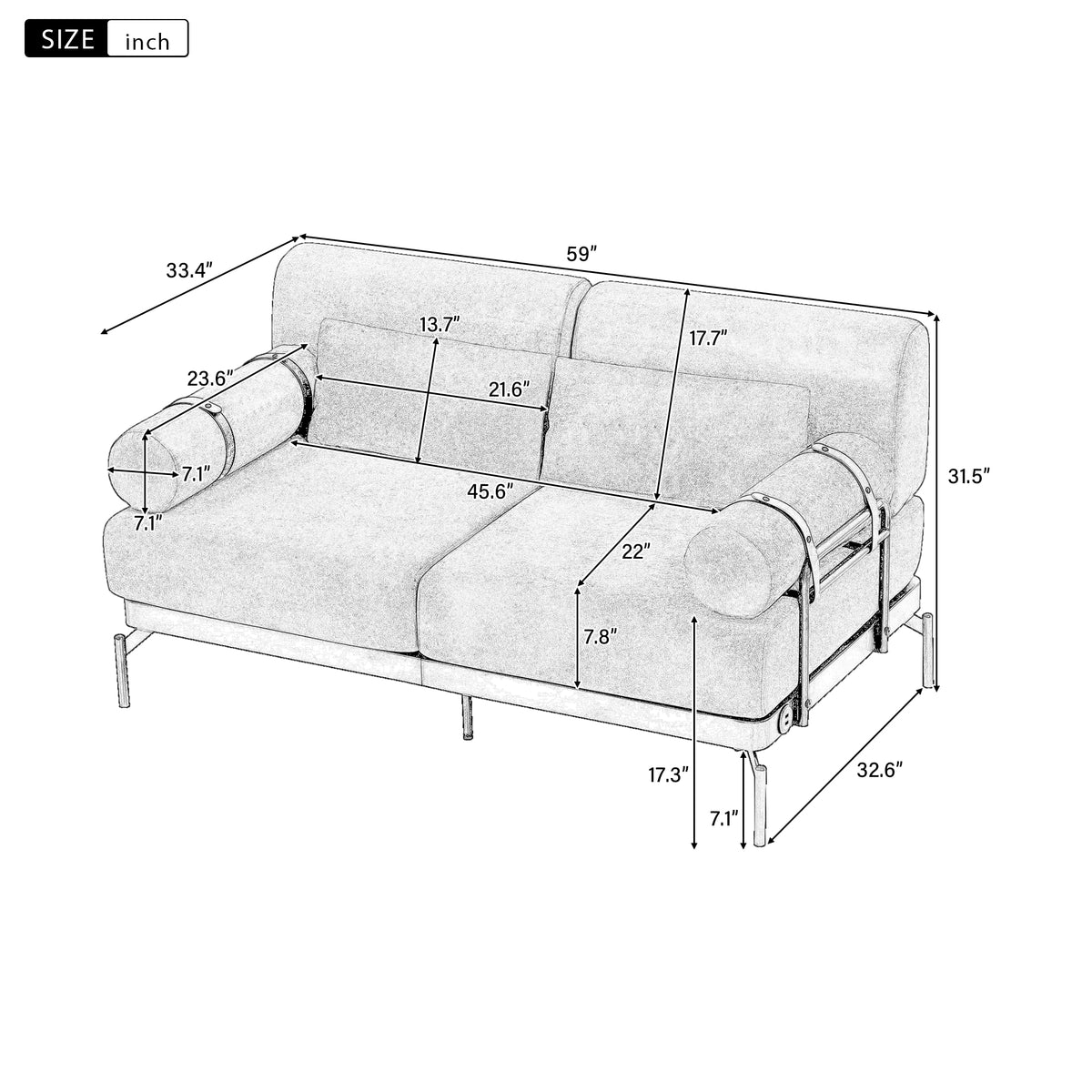 VoltForm 2-Seater Sofa – Modern Chenille Loveseat with USB & Cylinder Arms
