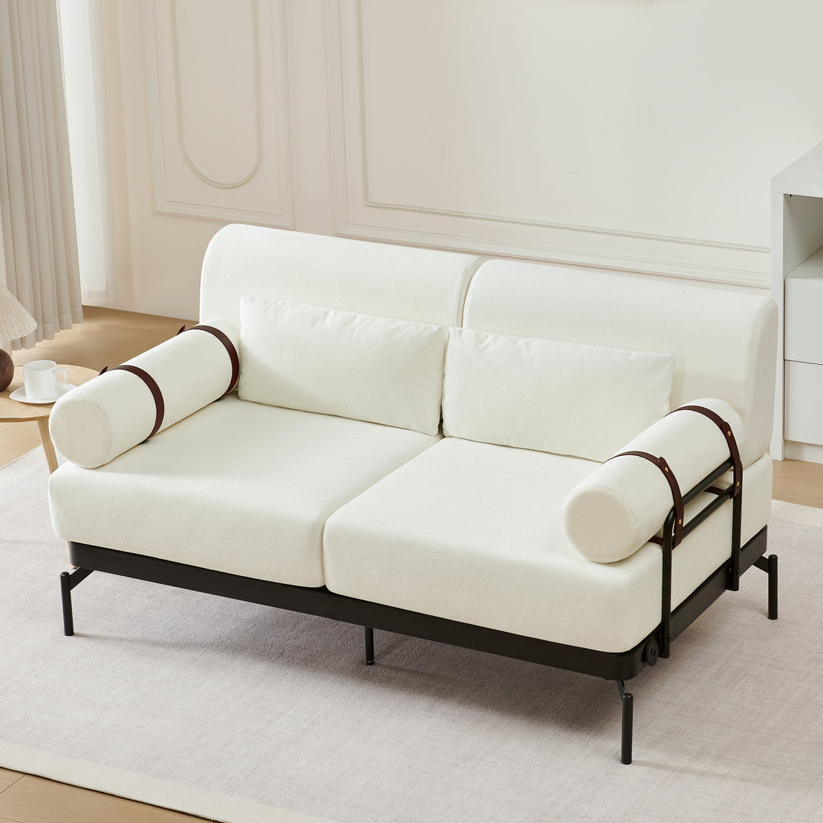 VoltForm 2-Seater Sofa – Modern Chenille Loveseat with USB & Cylinder Arms