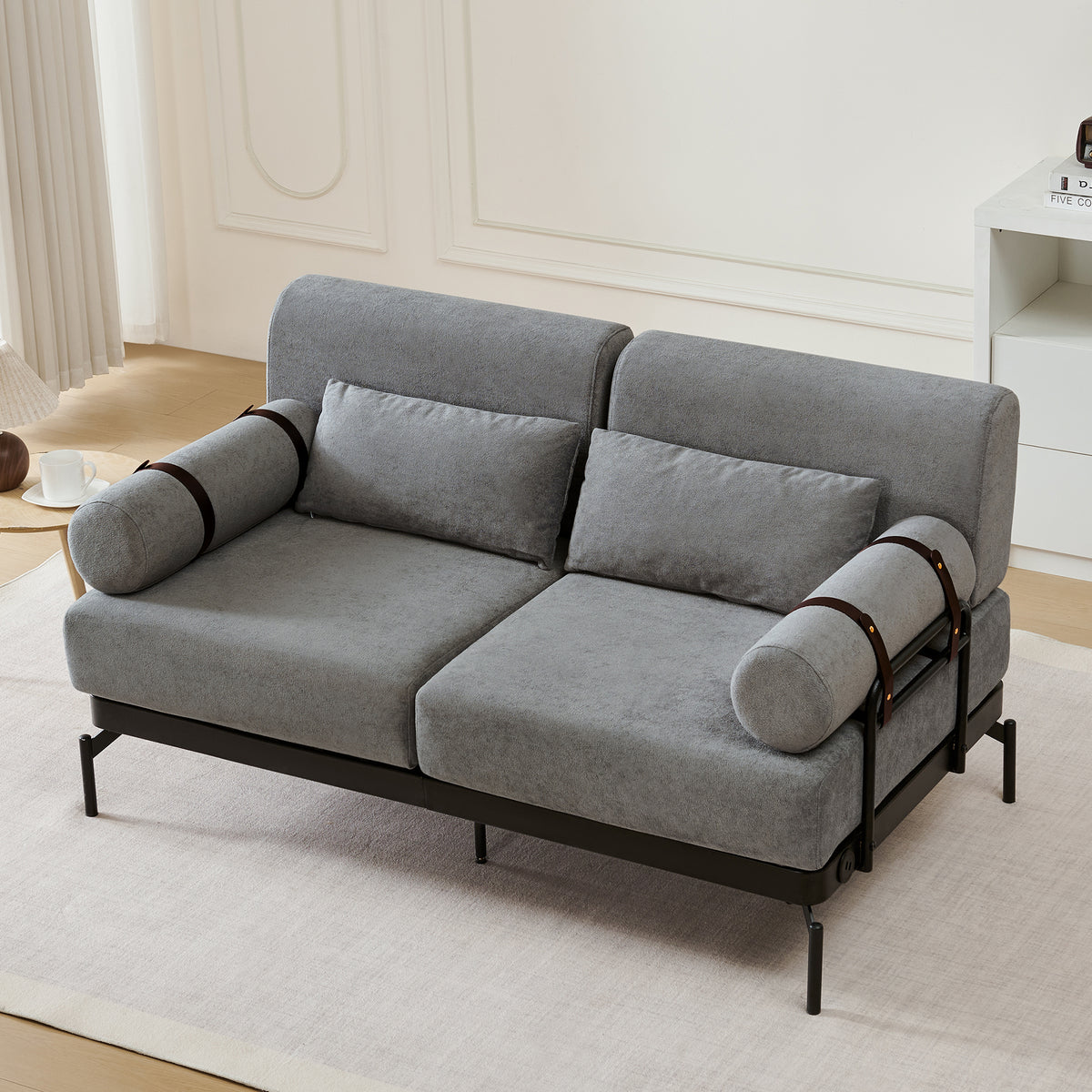 VoltForm 2-Seater Sofa – Modern Chenille Loveseat with USB & Cylinder Arms