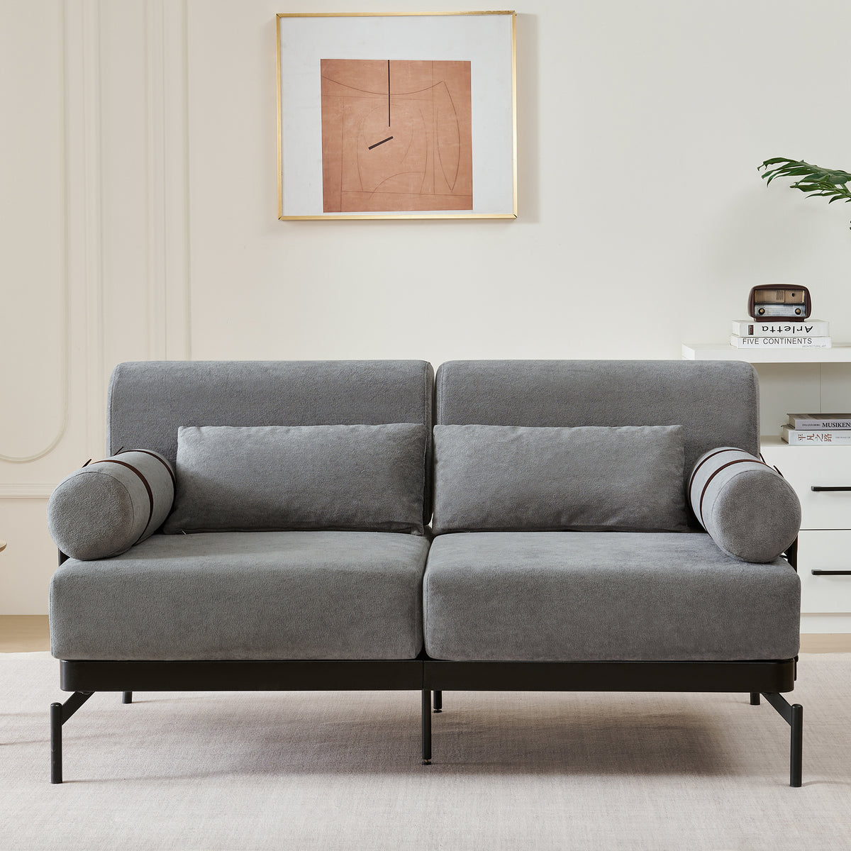 VoltForm 2-Seater Sofa – Modern Chenille Loveseat with USB & Cylinder Arms
