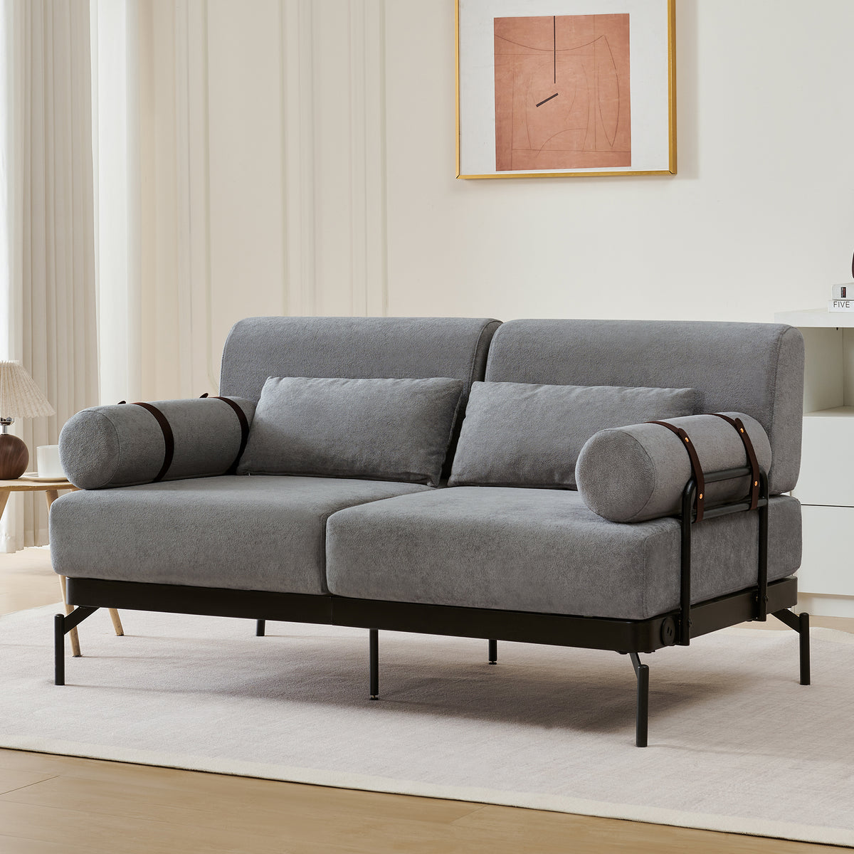 VoltForm 2-Seater Sofa – Modern Chenille Loveseat with USB & Cylinder Arms