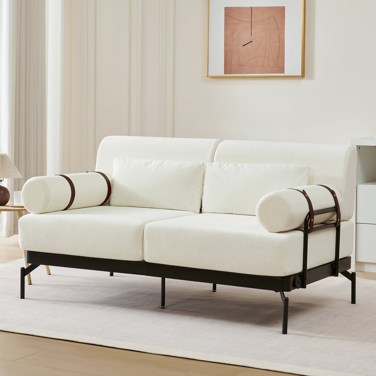 VoltForm 2-Seater Sofa – Modern Chenille Loveseat with USB & Cylinder Arms