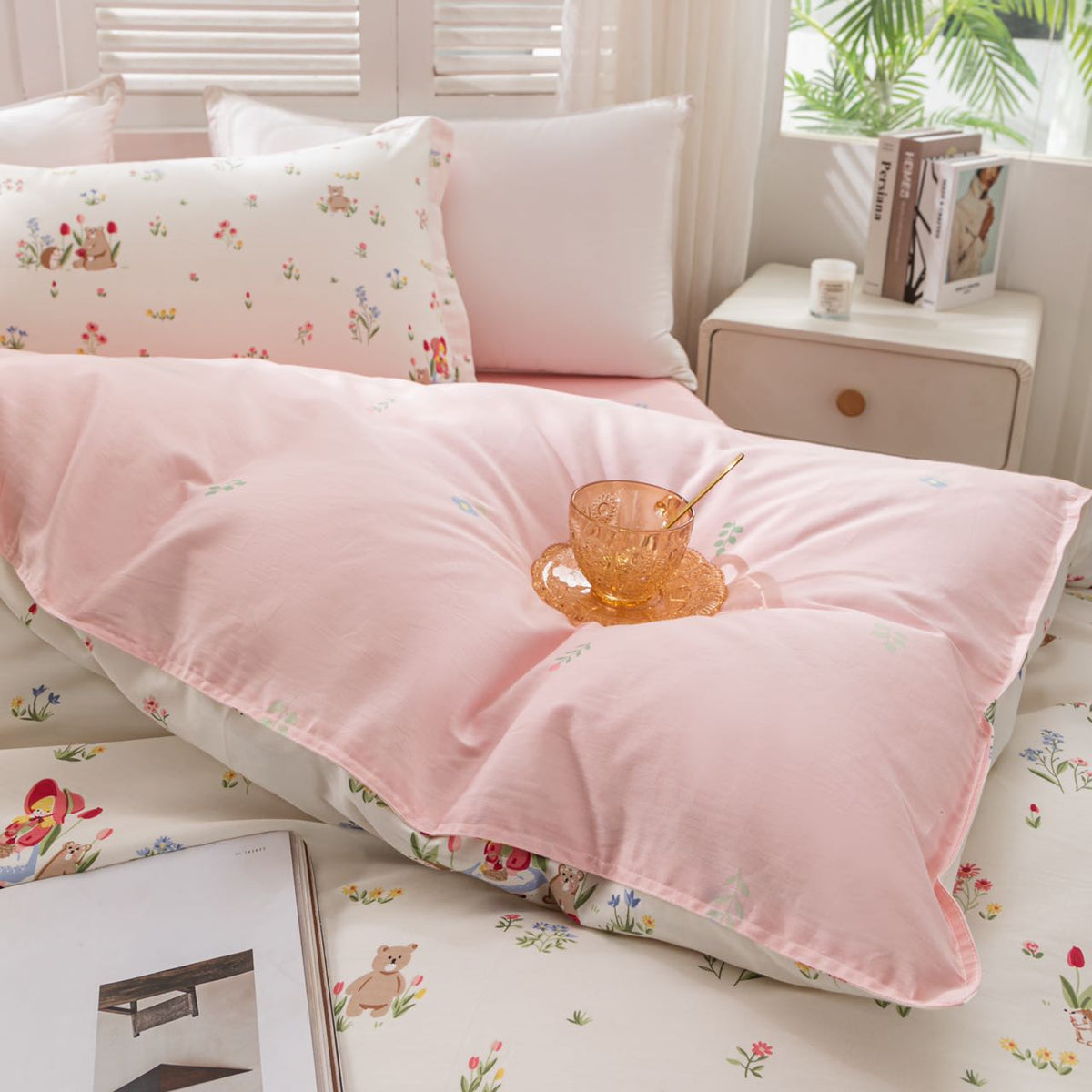 “BlossomMood” Pink Floral Cotton Bedding Set – TwinXL 3-Piece