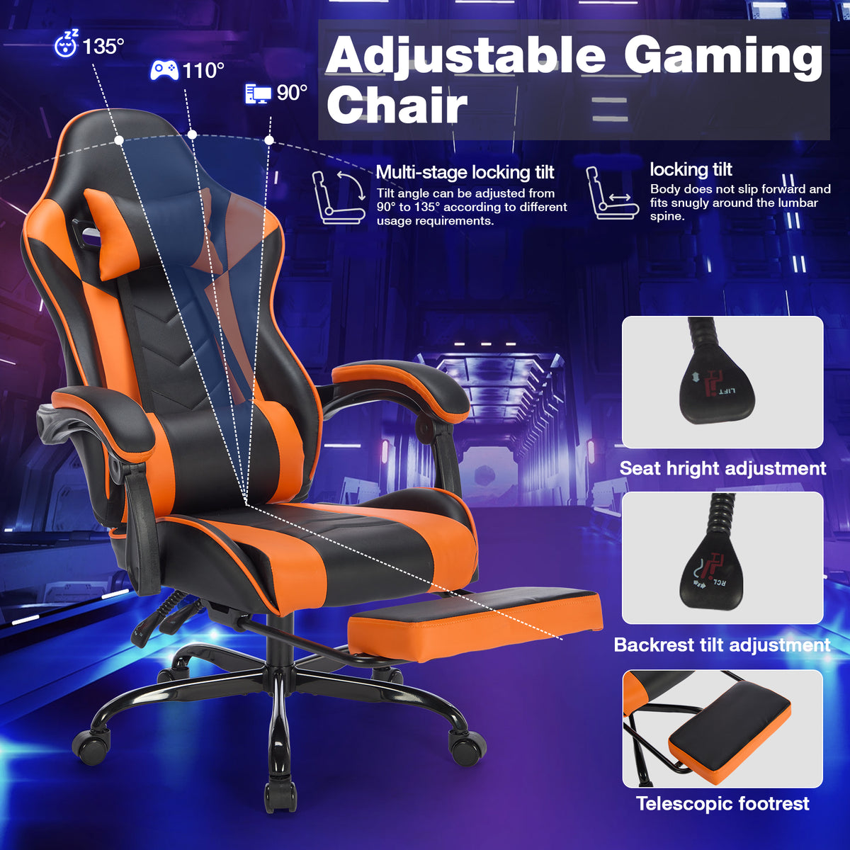 Arelva Pro Gaming Chair – 7 Colors, Footrest & 135° Recline