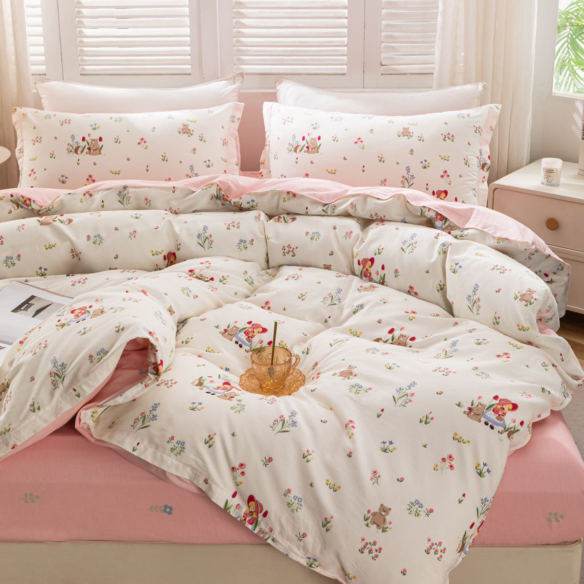 “BlossomMood” Pink Floral Cotton Bedding Set – TwinXL 3-Piece