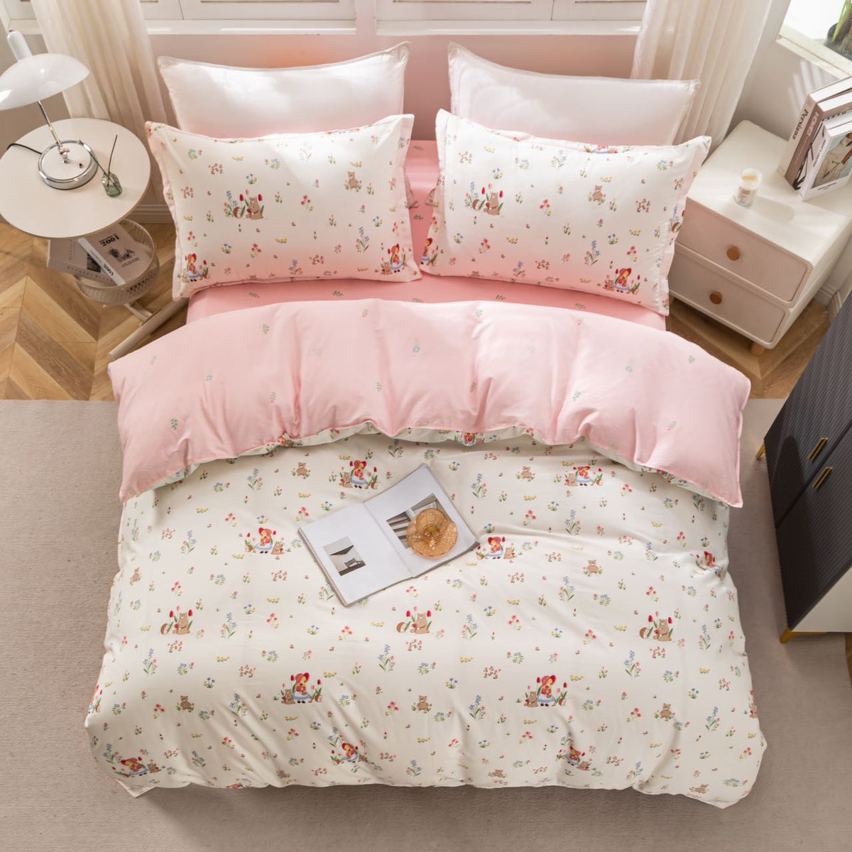 “BlossomMood” Pink Floral Cotton Bedding Set – TwinXL 3-Piece