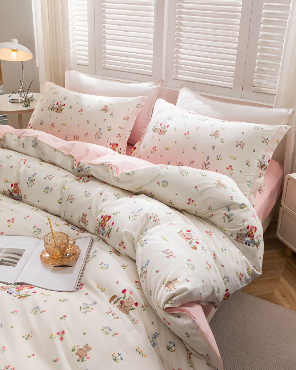 “BlossomMood” Pink Floral Cotton Bedding Set – TwinXL 3-Piece