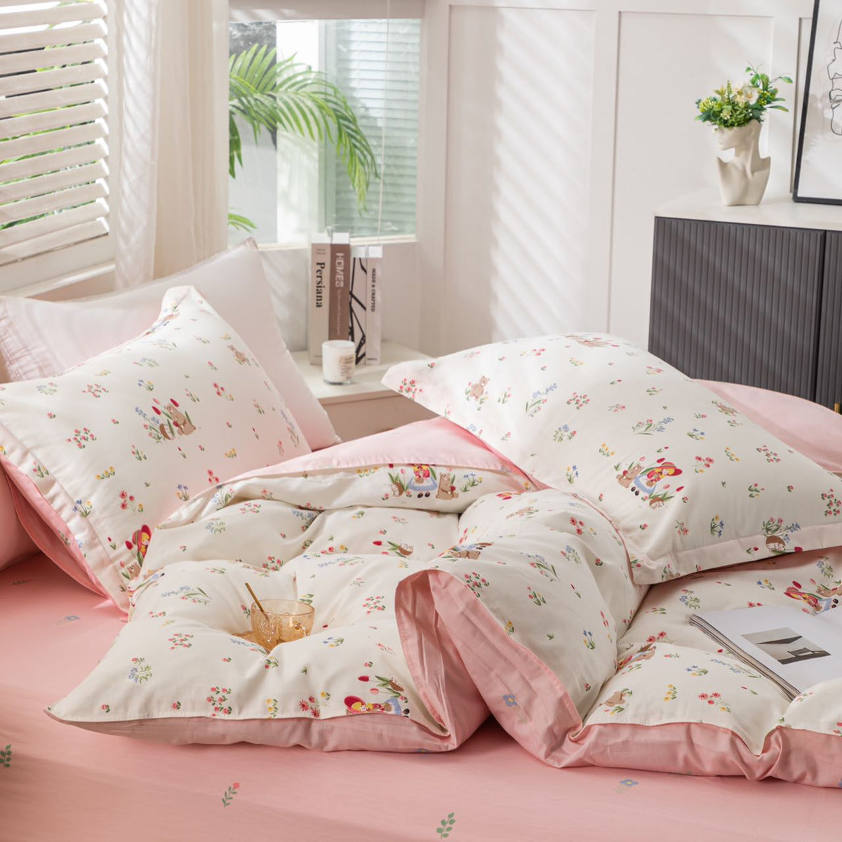 “BlossomMood” Pink Floral Cotton Bedding Set – TwinXL 3-Piece
