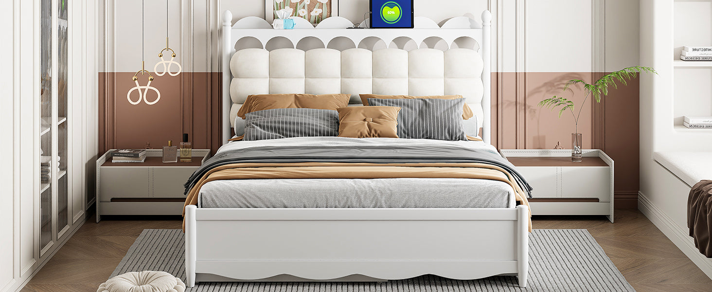 Queen Size Wooden Storage Platform Bed, with 2 Big Drawers, Twin-XL Size Trundle, One set of Sockets & USB Ports, White