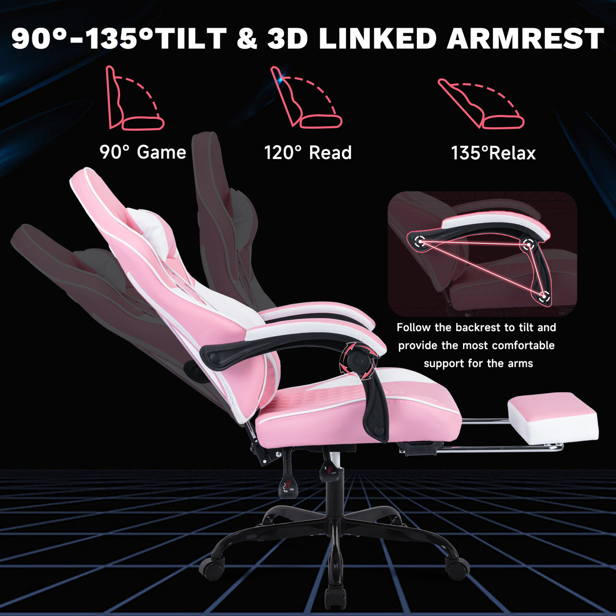 Arelva Pro Gaming Chair – 7 Colors, Footrest & 135° Recline